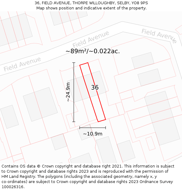 36, FIELD AVENUE, THORPE WILLOUGHBY, SELBY, YO8 9PS: Plot and title map