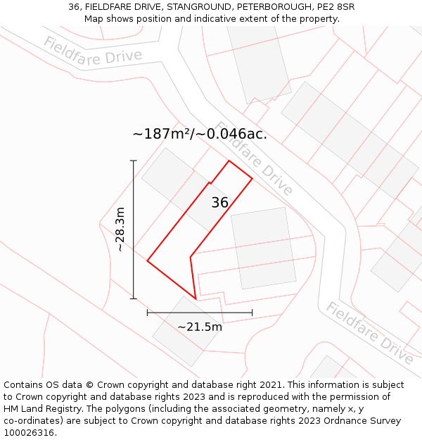 36, FIELDFARE DRIVE, STANGROUND, PETERBOROUGH, PE2 8SR: Plot and title map