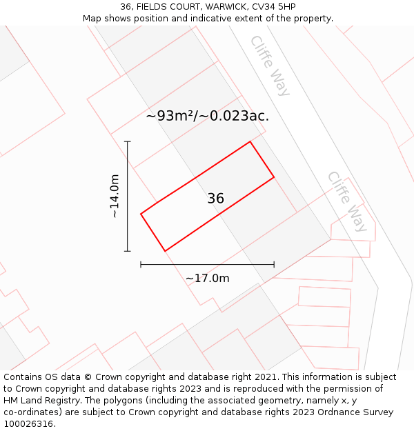36, FIELDS COURT, WARWICK, CV34 5HP: Plot and title map