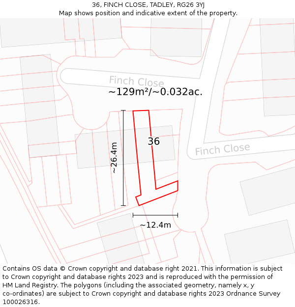 36, FINCH CLOSE, TADLEY, RG26 3YJ: Plot and title map