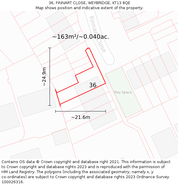 36, FINNART CLOSE, WEYBRIDGE, KT13 8QE: Plot and title map