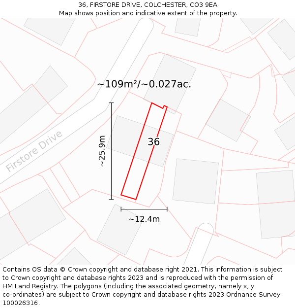 36, FIRSTORE DRIVE, COLCHESTER, CO3 9EA: Plot and title map