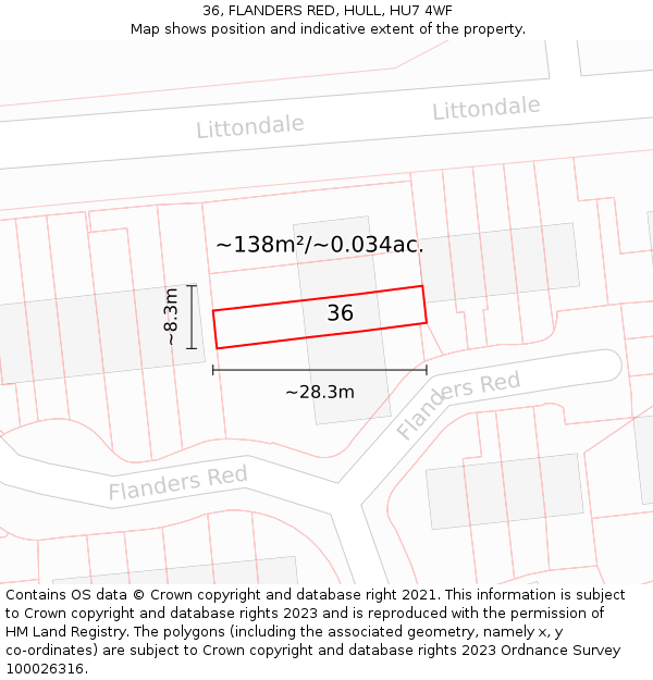 36, FLANDERS RED, HULL, HU7 4WF: Plot and title map