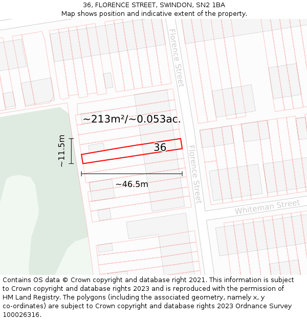 36, FLORENCE STREET, SWINDON, SN2 1BA: Plot and title map