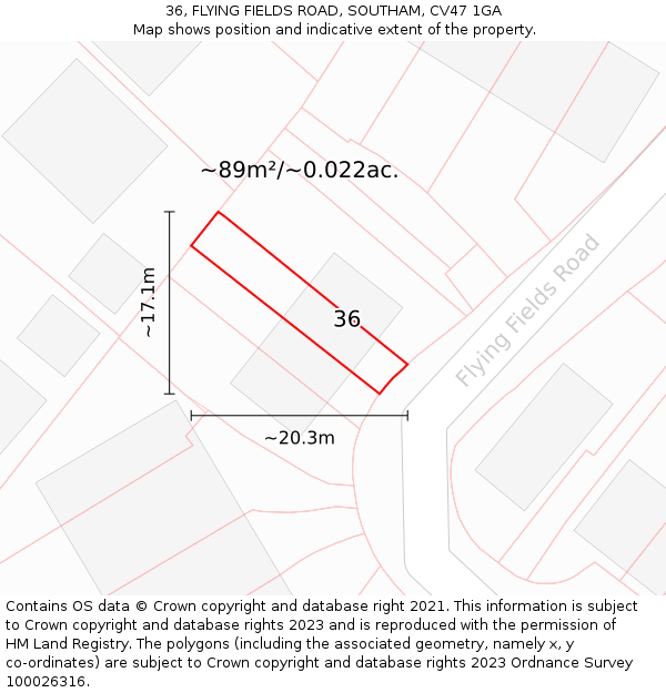36, FLYING FIELDS ROAD, SOUTHAM, CV47 1GA: Plot and title map
