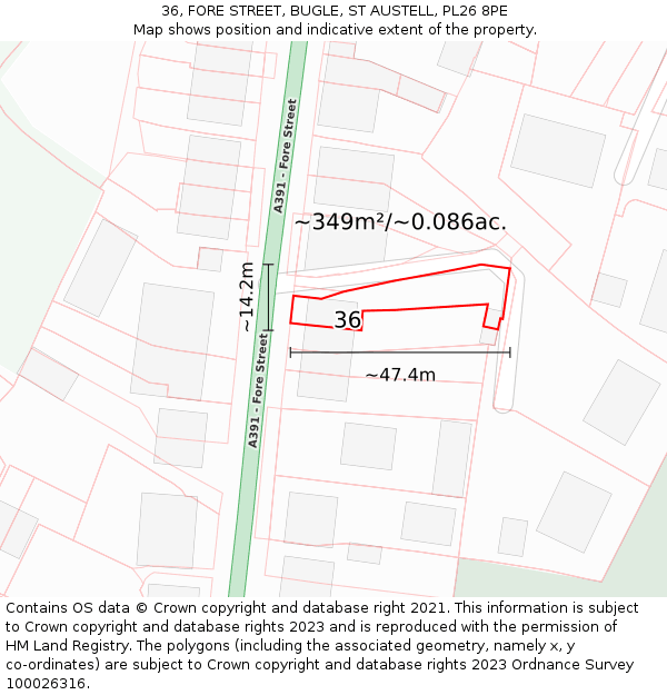 36, FORE STREET, BUGLE, ST AUSTELL, PL26 8PE: Plot and title map