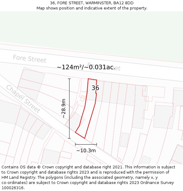 36, FORE STREET, WARMINSTER, BA12 8DD: Plot and title map