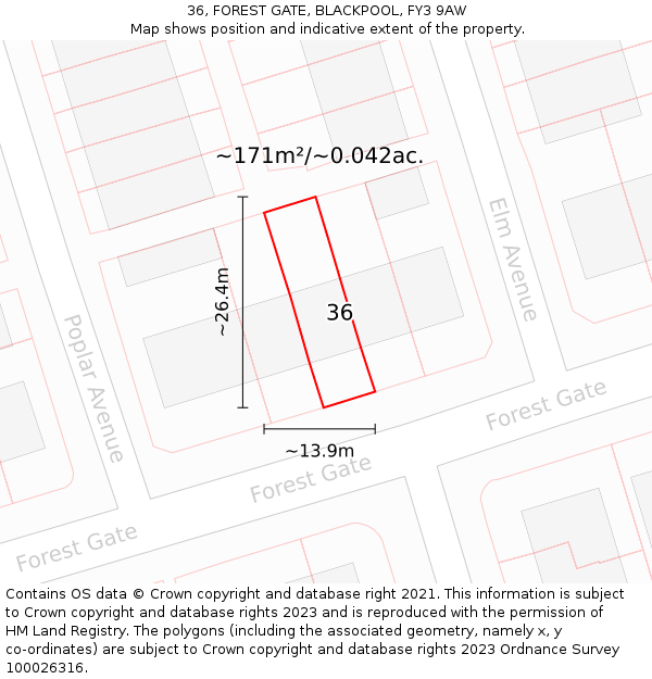 36, FOREST GATE, BLACKPOOL, FY3 9AW: Plot and title map