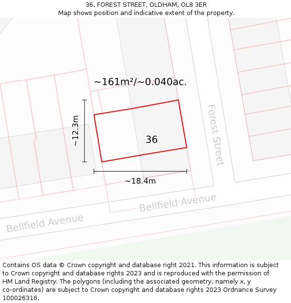 36, FOREST STREET, OLDHAM, OL8 3ER: Plot and title map