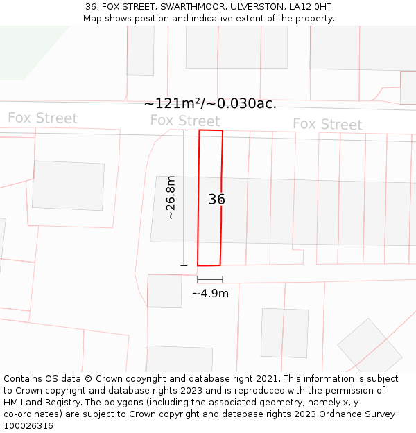 36, FOX STREET, SWARTHMOOR, ULVERSTON, LA12 0HT: Plot and title map