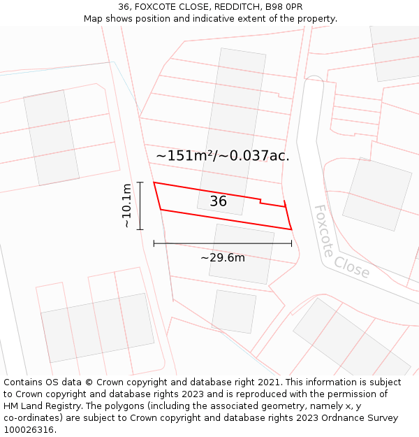 36, FOXCOTE CLOSE, REDDITCH, B98 0PR: Plot and title map