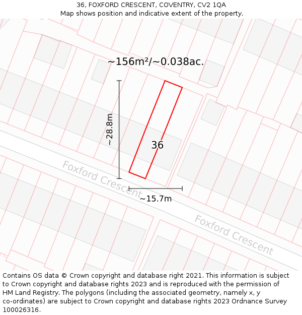 36, FOXFORD CRESCENT, COVENTRY, CV2 1QA: Plot and title map