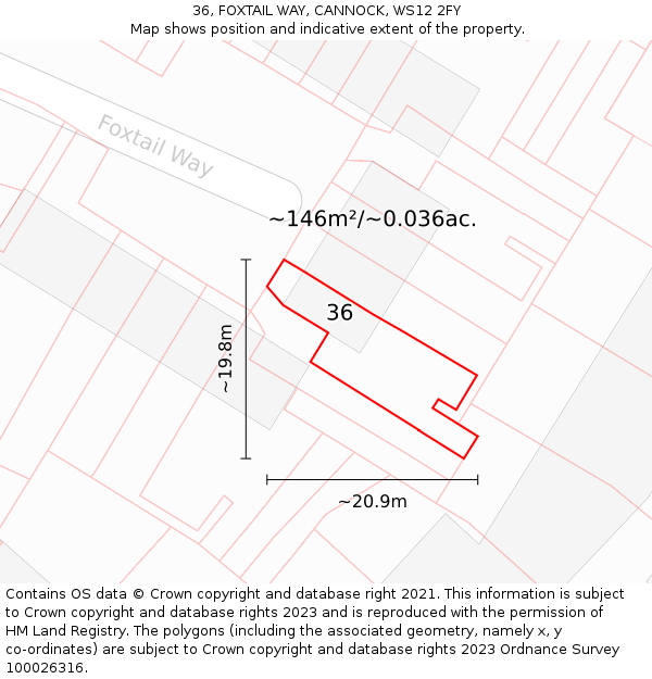 36, FOXTAIL WAY, CANNOCK, WS12 2FY: Plot and title map