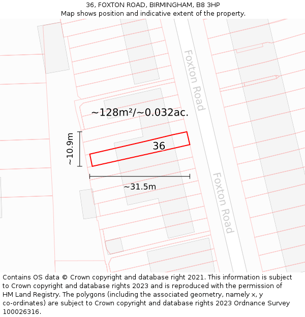 36, FOXTON ROAD, BIRMINGHAM, B8 3HP: Plot and title map