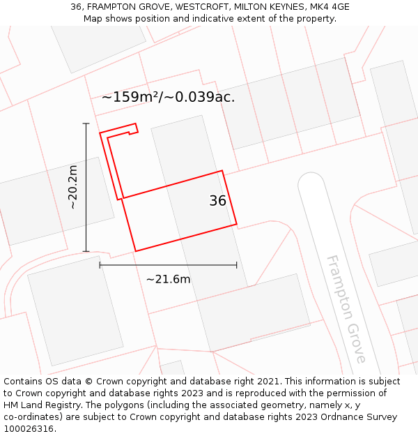 36, FRAMPTON GROVE, WESTCROFT, MILTON KEYNES, MK4 4GE: Plot and title map