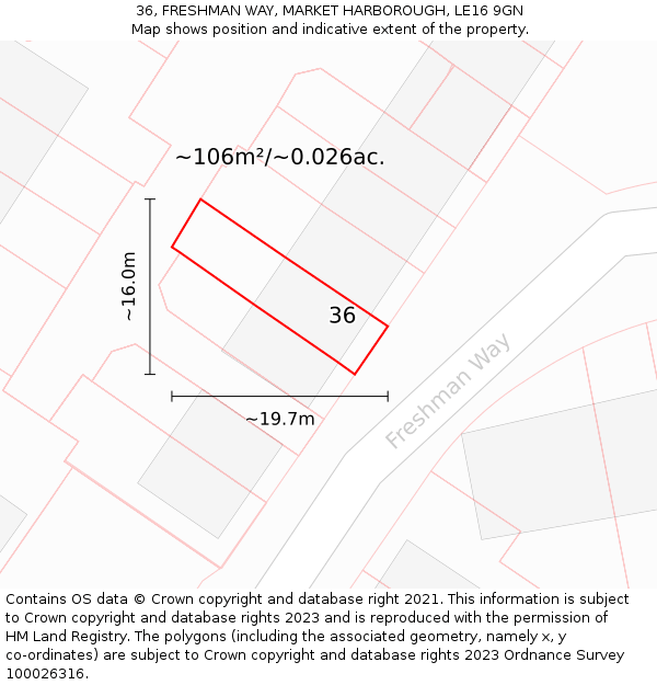 36, FRESHMAN WAY, MARKET HARBOROUGH, LE16 9GN: Plot and title map