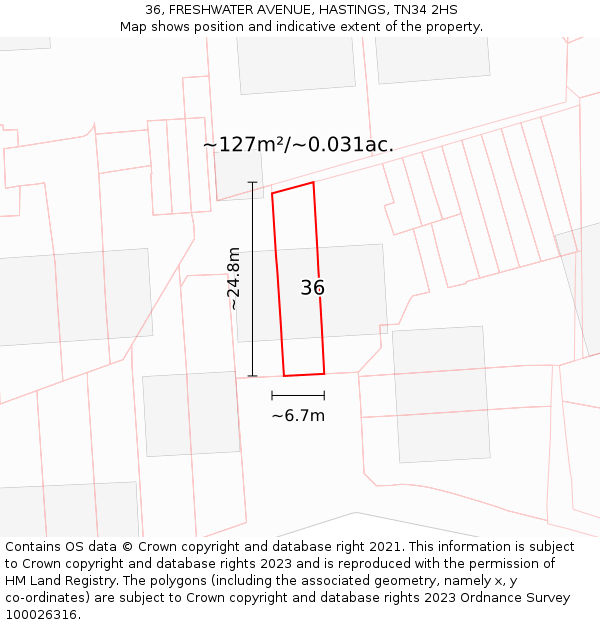 36, FRESHWATER AVENUE, HASTINGS, TN34 2HS: Plot and title map