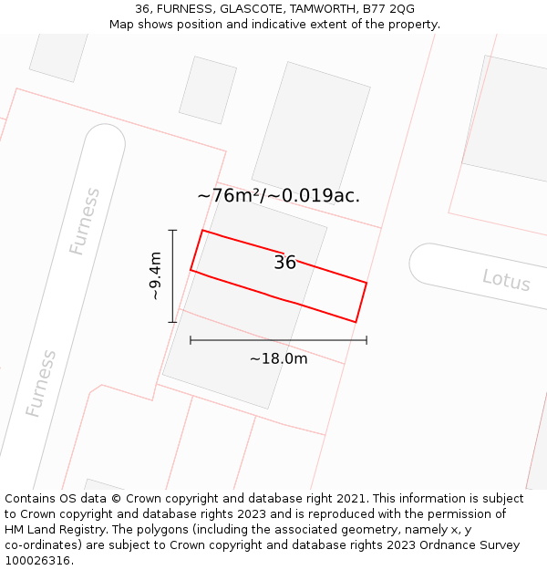 36, FURNESS, GLASCOTE, TAMWORTH, B77 2QG: Plot and title map