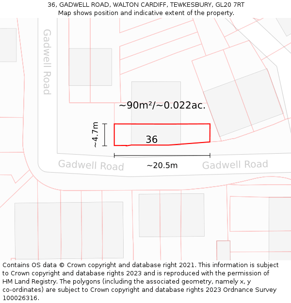 36, GADWELL ROAD, WALTON CARDIFF, TEWKESBURY, GL20 7RT: Plot and title map