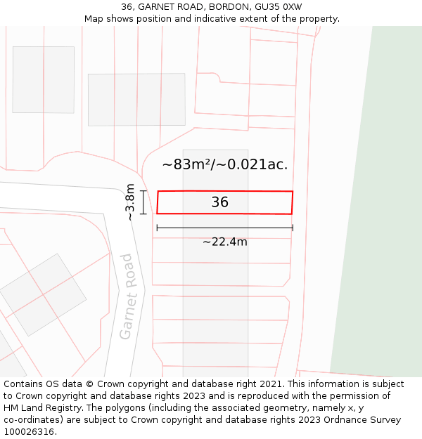 36, GARNET ROAD, BORDON, GU35 0XW: Plot and title map