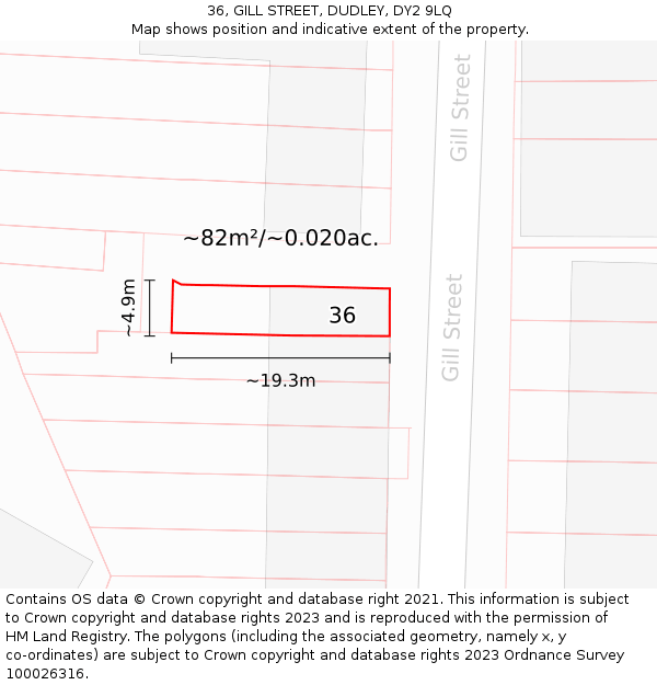 36, GILL STREET, DUDLEY, DY2 9LQ: Plot and title map