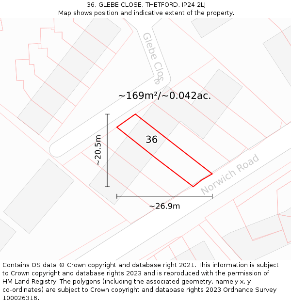 36, GLEBE CLOSE, THETFORD, IP24 2LJ: Plot and title map