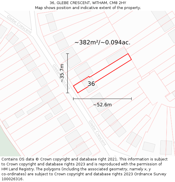 36, GLEBE CRESCENT, WITHAM, CM8 2HY: Plot and title map
