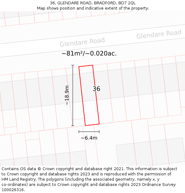36, GLENDARE ROAD, BRADFORD, BD7 2QL: Plot and title map