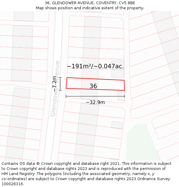 36, GLENDOWER AVENUE, COVENTRY, CV5 8BE: Plot and title map