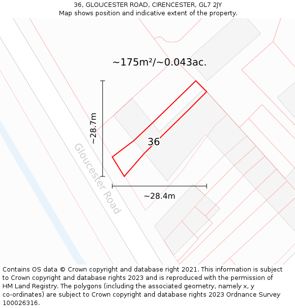 36, GLOUCESTER ROAD, CIRENCESTER, GL7 2JY: Plot and title map