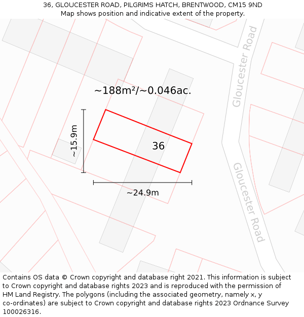 36, GLOUCESTER ROAD, PILGRIMS HATCH, BRENTWOOD, CM15 9ND: Plot and title map