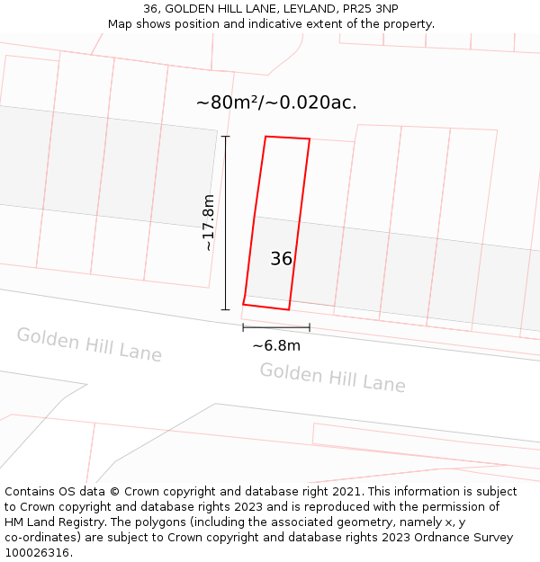 36, GOLDEN HILL LANE, LEYLAND, PR25 3NP: Plot and title map