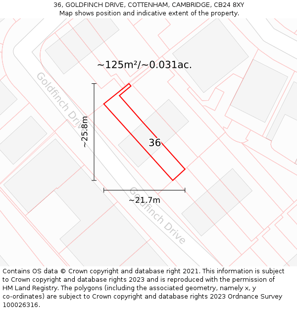 36, GOLDFINCH DRIVE, COTTENHAM, CAMBRIDGE, CB24 8XY: Plot and title map
