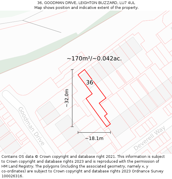 36, GOODMAN DRIVE, LEIGHTON BUZZARD, LU7 4UL: Plot and title map