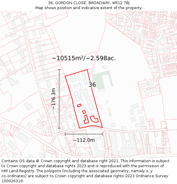 36, GORDON CLOSE, BROADWAY, WR12 7BJ: Plot and title map