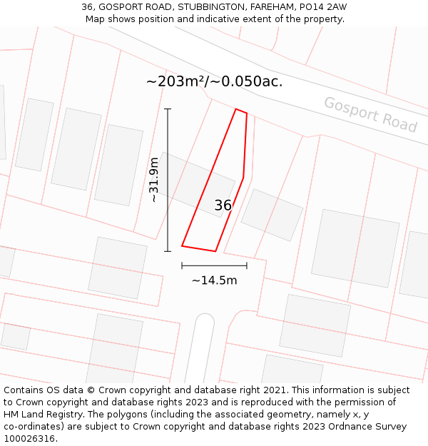 36, GOSPORT ROAD, STUBBINGTON, FAREHAM, PO14 2AW: Plot and title map