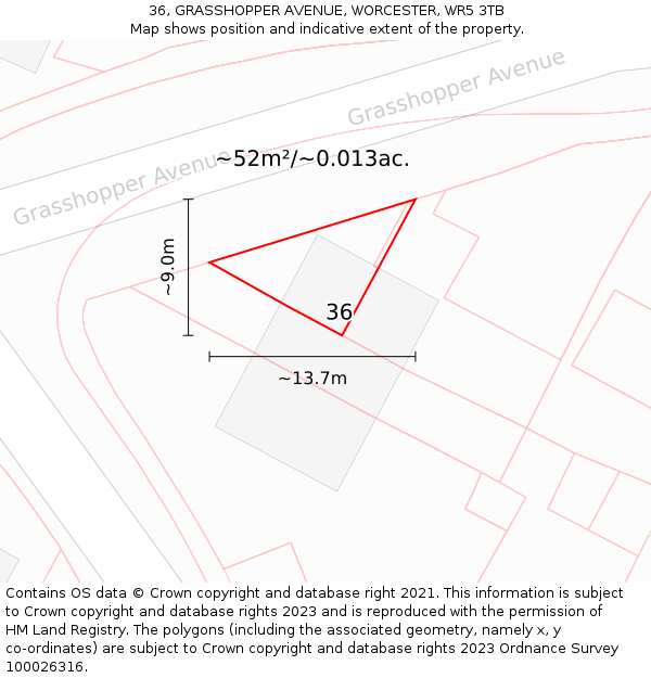 36, GRASSHOPPER AVENUE, WORCESTER, WR5 3TB: Plot and title map