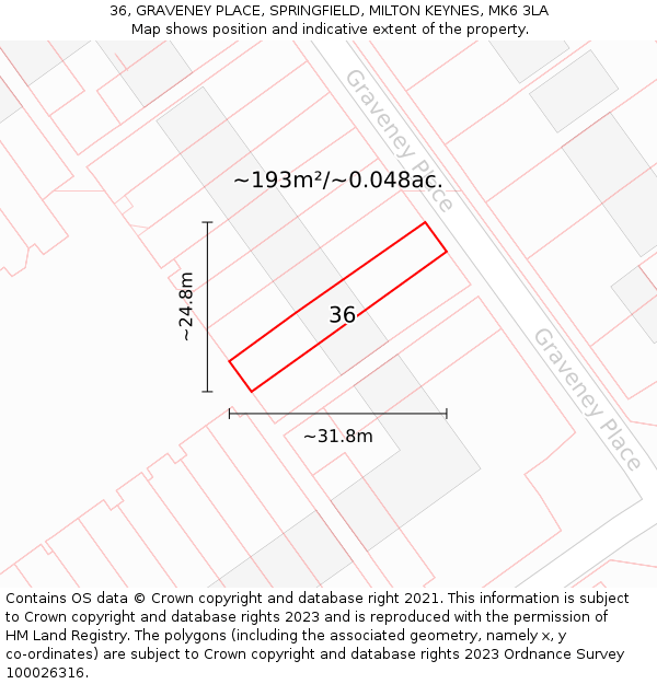 36, GRAVENEY PLACE, SPRINGFIELD, MILTON KEYNES, MK6 3LA: Plot and title map