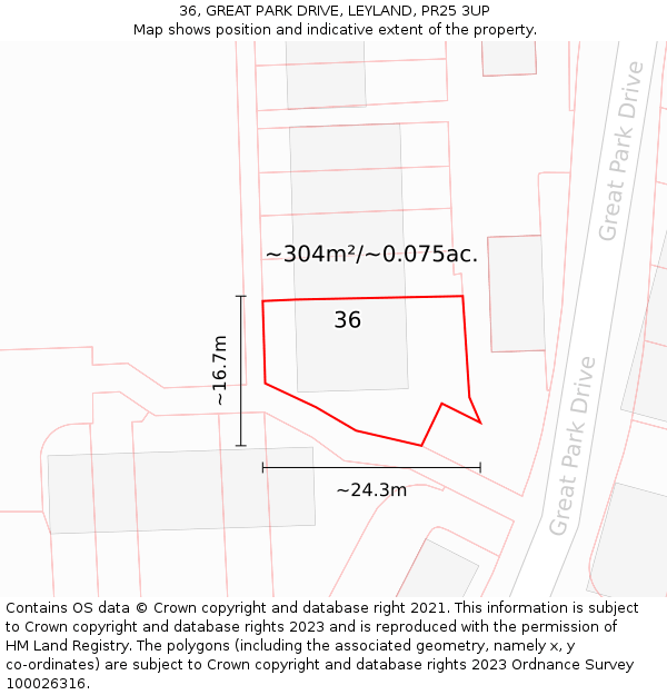 36, GREAT PARK DRIVE, LEYLAND, PR25 3UP: Plot and title map