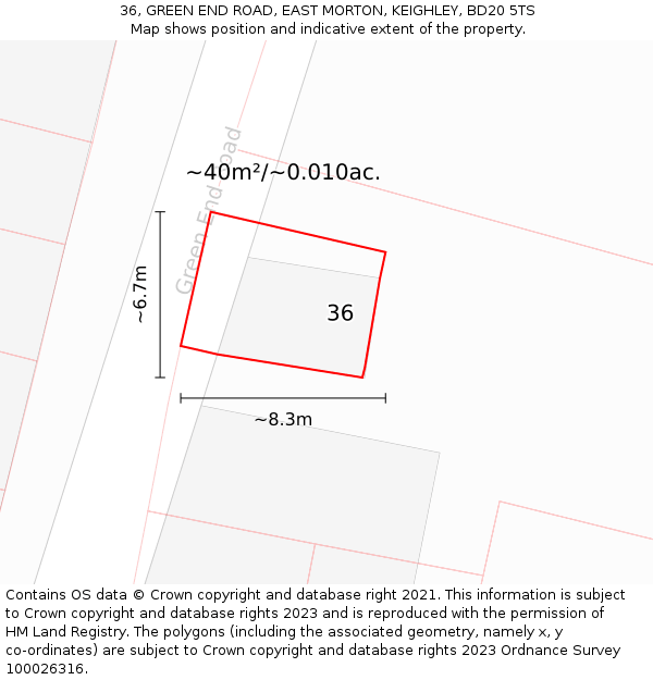 36, GREEN END ROAD, EAST MORTON, KEIGHLEY, BD20 5TS: Plot and title map