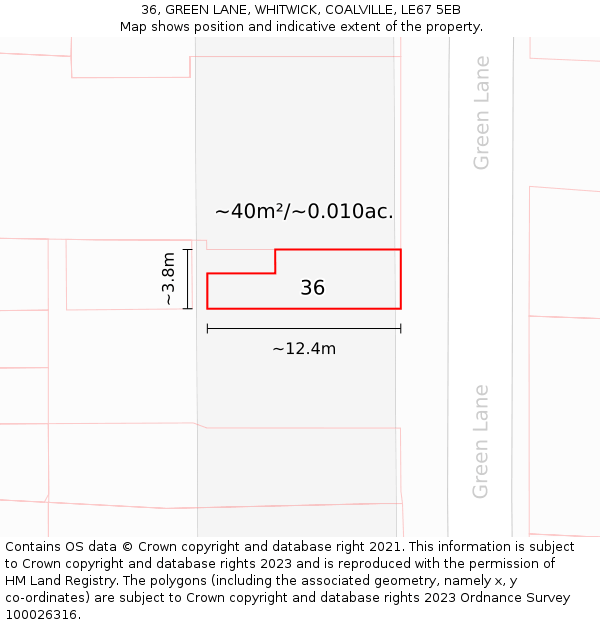 36, GREEN LANE, WHITWICK, COALVILLE, LE67 5EB: Plot and title map