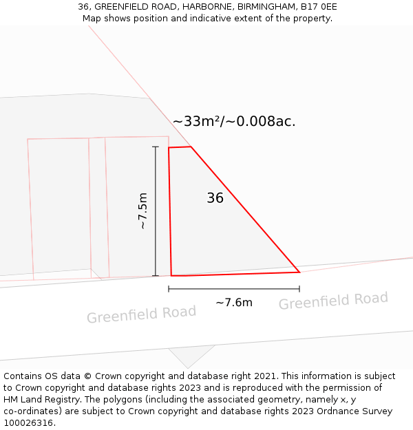 36, GREENFIELD ROAD, HARBORNE, BIRMINGHAM, B17 0EE: Plot and title map