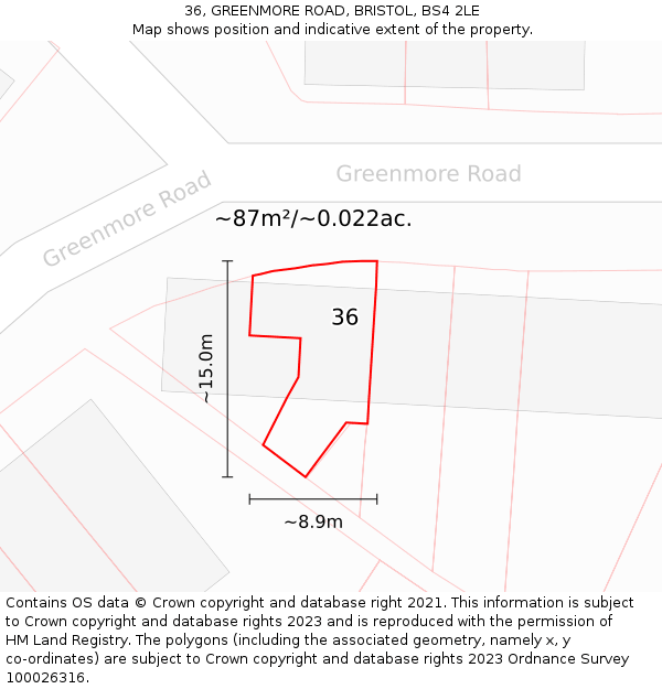 36, GREENMORE ROAD, BRISTOL, BS4 2LE: Plot and title map