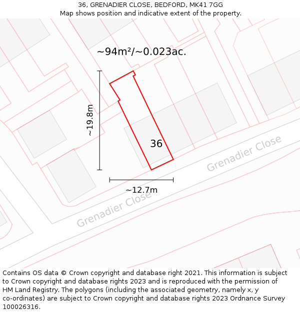 36, GRENADIER CLOSE, BEDFORD, MK41 7GG: Plot and title map