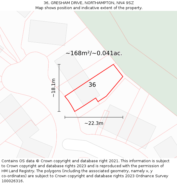 36, GRESHAM DRIVE, NORTHAMPTON, NN4 9SZ: Plot and title map
