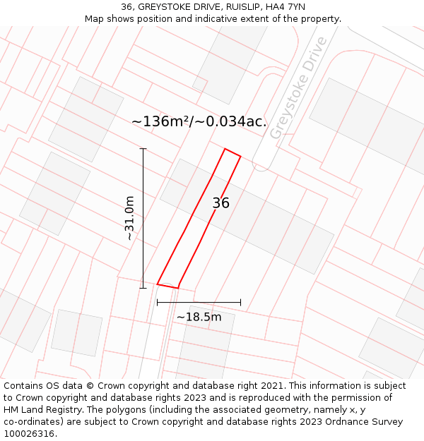 36, GREYSTOKE DRIVE, RUISLIP, HA4 7YN: Plot and title map