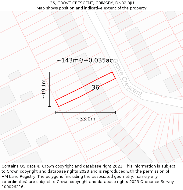 36, GROVE CRESCENT, GRIMSBY, DN32 8JU: Plot and title map