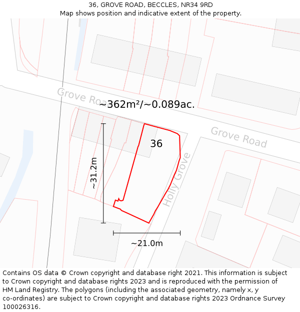 36, GROVE ROAD, BECCLES, NR34 9RD: Plot and title map