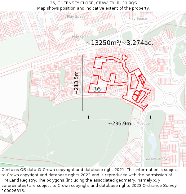 36, GUERNSEY CLOSE, CRAWLEY, RH11 9QS: Plot and title map
