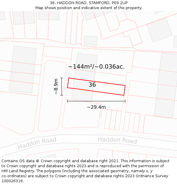 36, HADDON ROAD, STAMFORD, PE9 2UP: Plot and title map